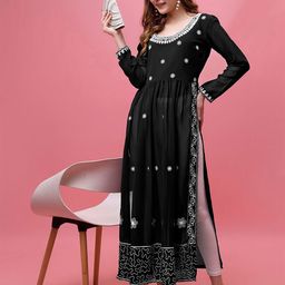 Shree Ramkrishna Fab Scoop Neck  Long Sleeves Floral Embroidered Straight Kurta-image-18