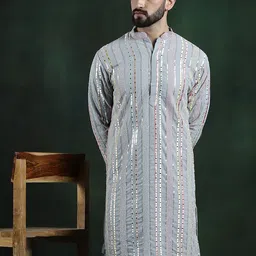SOJANYA LUXE Striped Mandarin Collar sequinned mirror embroidered Georgette A-Line Kurta-image-79