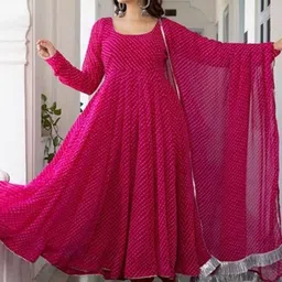 Tulip Eden Striped Round Neck Georgette A-Line Kurta With Dupatta-picture-2