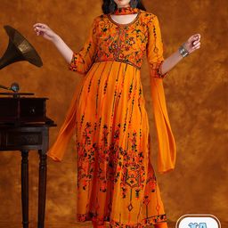 KALINI Floral Embroidered Sequined Anarkali Pleated Georgette Kurta With Dupatta-14