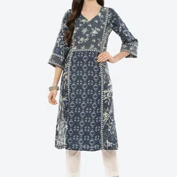 Biba Women Navy Blue & Off White Ethnic Motifs Print Straight Kurta-image-94