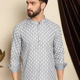 Anouk Grey Ethnic Motifs Printed Band Collar Cotton Linen Straight Kurta-picture-10