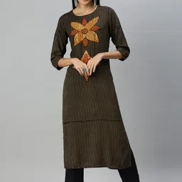 SHOWOFF Women Black Striped Keyhole Neck Flared Sleeves Kurta-image-94
