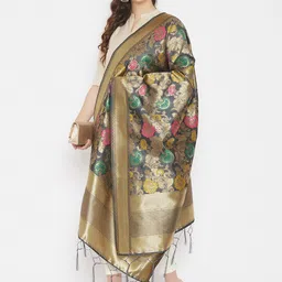 Clora Creation Grey & Green Woven Design Banarsi Silk Dupatta-58