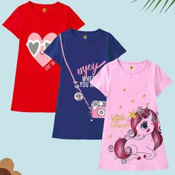 YK Girls Pack of 3 Graphic Printed Short Sleeve Cotton T-shirt Dress-picture-47