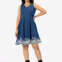 SUMAVI-FASHION Women Embroidered Denim A-Line Dress-image-39