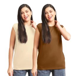 NOTWILD Women Pack Of 2 Solid Round Neck Cotton T-shirts-image-55