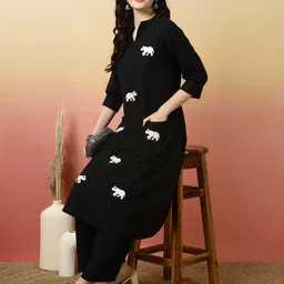 Sangria Black Ethnic Motifs Printed Notch Neck Pure Cotton Straight Kurta With Palazzo-14