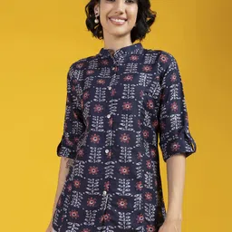 TIKODI Floral Print Mandarin Collar Roll-Up Sleeves Cotton Shirt Style Top-image-75