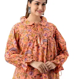DMP FASHION Floral Print Tie-Up Neck Kimono Sleeve Cotton Top-22