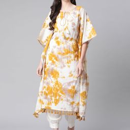 Indibelle Women Mustard Yellow & White Tie & Dye Dyed Kaftan Kurta-35