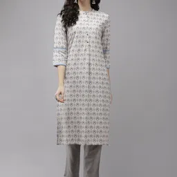 W Women Grey & Navy Blue Ethnic Motifs Printed Kurta-image-96