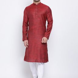 NAMASKAR Men Maroon Solid Straight Cotton Kurta-image-25