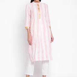 Be Indi Women Mandarin Collar Striped Straight Side Slits Festive Kurta-image-92