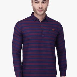 Kuons Avenue Men Maroon Striped Thread Work Indigo Denim Pathani Kurta-37