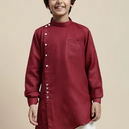Sanwara Boys Asymmetric Hem Band Collar Cotton Angrakha Kurta-picture-37