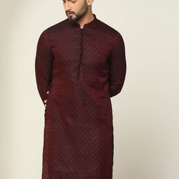 KISAH Geometric Embroidered Mandarin Collar Jacquard Straight Kurta-49
