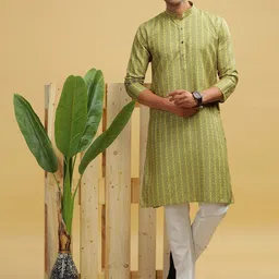 Anouk Green Striped Mandarin Collar Long Sleeves Cotton Straight Kurta-image-80