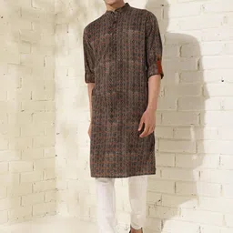 Fabindia Striped  Geometric Printed Mandarin Collar Long Sleeves Cotton Straight Kurta-image-13