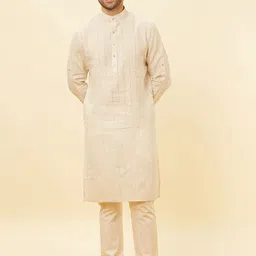 Manyavar Striped Band Collar Linen Straight Kurta-image-13