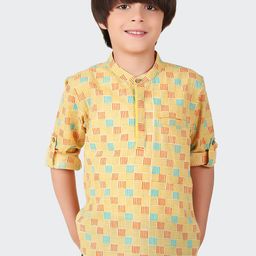 Fabindia Boys Geometric Printed Mandarin Collar Roll Up Sleeves Kurta-17