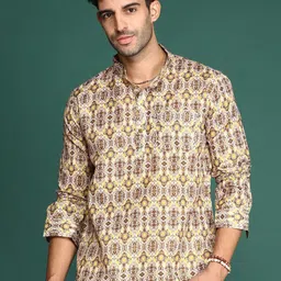 Sangria Ethnic Motifs Printed Cotton Mandarin Collar Short Kurta-picture-58
