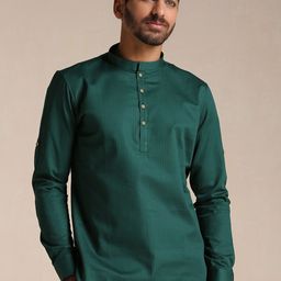 Manyavar Men Striped Woven Design Cotton Mandarin Collar Short Kurta-image-60