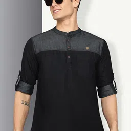 Kuons Avenue Band Collar Denim Short Kurta-image-59