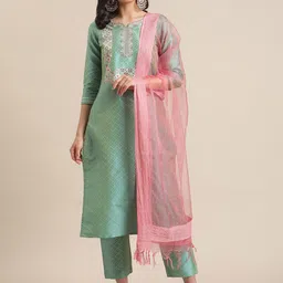 Varanga Women Floral Embroidered Thread Work Kurta with Trousers & With Dupatta-picture-21