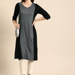 Anouk Colourblocked V-Neck Straight Kurta-image-57