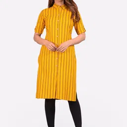 Glorious Women Mustard Yellow Striped Block Print Straight Kurta-picture-58
