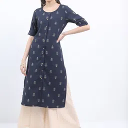 KETCH Floral Printed Round Neck Roll Up Sleeves Straight Kurta-image-74