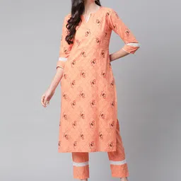 Indibelle Women Peach-Coloured & Red Pure Cotton Ethnic Motifs Printed Straight Kurta-13