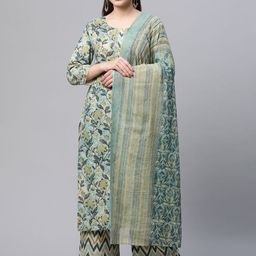 SERONA FABRICS Women Green Floral Printed Pure Cotton Kurta with Palazzos & With Dupatta-image-11