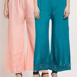 Miaz Lifestyle Women Pack Of 2 Peach-Coloured & Blue Flared Knitted Palazzos-image-37