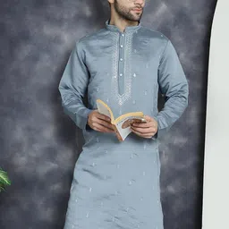 Anouk Grey Ethnic Motifs Embroidered Mandarin Collar Straight Cotton Silk Kurta-image-85