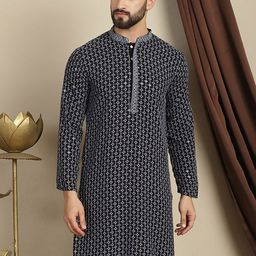 Anouk Floral Woven Design Mandarin Collar Thread Work Cotton Kurta-picture-52