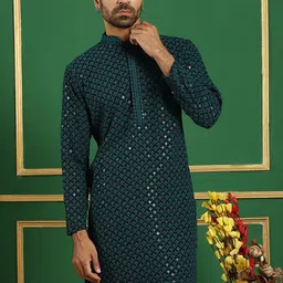 Jompers Geometric Mandarin Collar Pure Cotton Thread Work Kurta-image-49