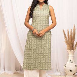 FIORRA Ethnic Motifs Printed Mirror Work Sleeveless Pure Coptton Straight Kurta-16