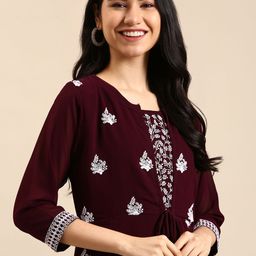 SHOWOFF Women Burgundy Floral Embroidered Thread Work Georgette Layered Anarkali Kurta-picture-1