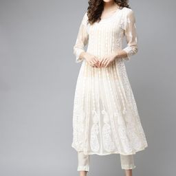 ADA Women Beige & White Ethnic Motifs Chikankari Embroidered Georgette Handloom Kurta-picture-4