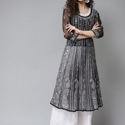 ADA Women Black & White Ethnic Motifs Chikankari Embroidered Georgette Handloom Kurta-picture-13