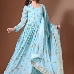 KALINI Ethnic Motifs Embroidered Georgette Fit and Flare Ethnic Dress with Dupatta-image-91