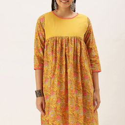 KALINI Floral Printed Round Neck Cotton A-Line Dress Kurta-image-25