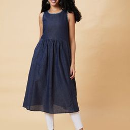 Globus Blue Striped Round Neck  Sleeveless Thread Work Pure Cotton Pleated A-Line Kurta-picture-10