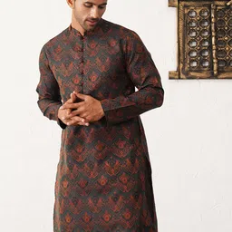 Jompers Ethnic Motifs Printed Mandarin Collar Silk & Cotton Straight Kurta-picture-22