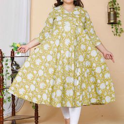 MIRAVAN Plus Size V-Neck Floral Printed Anarkali Cotton Kurta-9