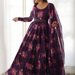 Krunal Raiyani Round Neck Floral Printed Anarkali Cotton Kurta with Dupatta-image-76
