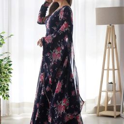 Krunal Raiyani Round Neck Floral Printed Anarkali Cotton Kurta with Dupatta-image-48