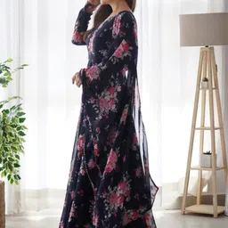 Krunal Raiyani Round Neck Floral Printed Anarkali Cotton Kurta with Dupatta-image-73